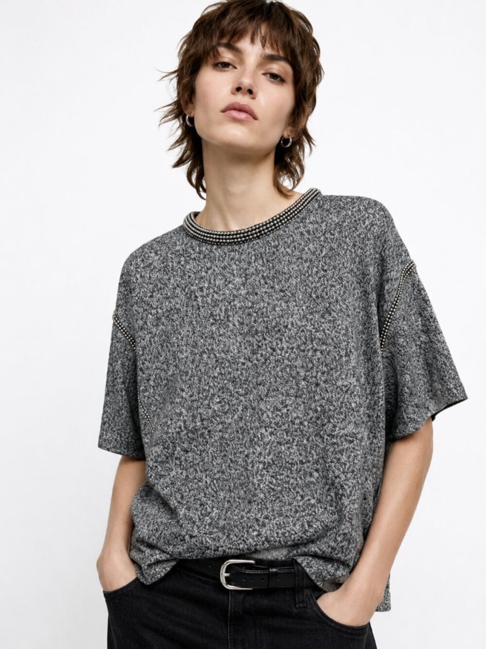 The Kooples Top Black Gray Silver Ball Bearing Collar Unique Boxy EUC Size 2